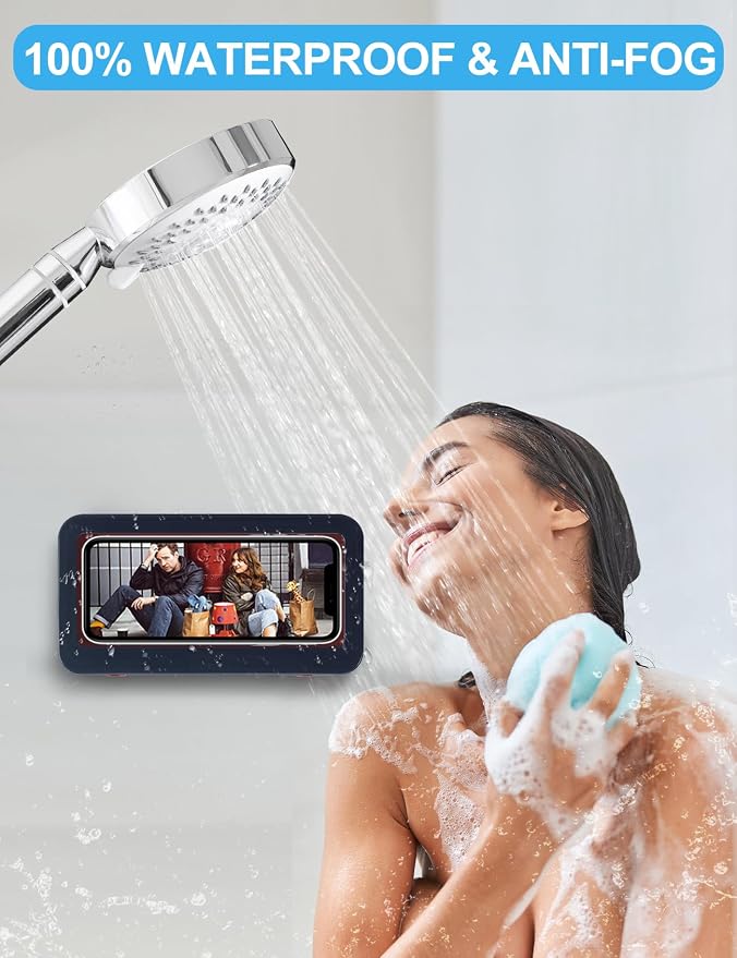 KUNSLUCK Shower Phone Holder, Waterproof Anti-Fog Touch Screen Case, Wall Mount for Bathroom Mirror & Bathtub, Compatible with 4.7"-6.8" Mobile Phones (Blue & Red)