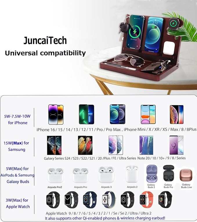 Nightstand Organizer with Dual Phone Wireless Charging Station for 2 iPhone,Apple Watch and Airpods,Bamboo Phone Docking Station,Gifts for Men Dad Husband