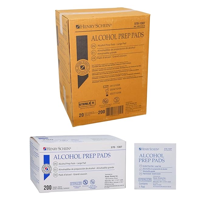 Henry Schein Large Alcohol Prep Pads (Case of 20 Boxes, 4,000 Total) – 70% Isopropyl Alcohol Wipes, Individually Wrapped – 2-Ply, Textured – Skin Prep Alcohol Swabs – Sterile Pads