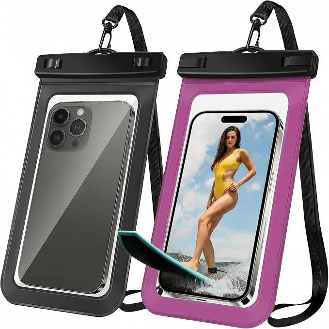 [2 Pack Waterproof Phone Case, Universal Dry Bag for iPhone 15/14/13/12 Pro Max, IPX8 Waterproof Pouch, Cruise Ship & Beach Essentials, Black & Bright Red - 6.8"