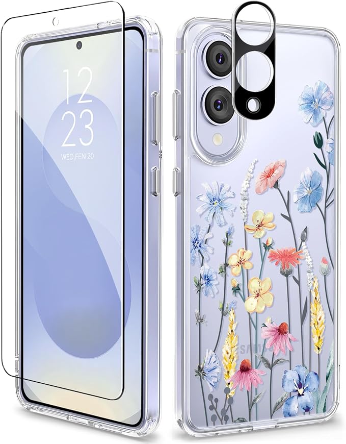 GVIEWIN for Samsung Galaxy S25 Edge Case, Clear Floral Shockproof Protective Women Phone Case, Non-Yellowing, Screen&Camera Lens Protector for Galaxy S25 Edge 6.7",Aconite/Light Blue