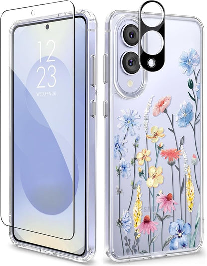GVIEWIN for Samsung Galaxy S25 Edge Case, Clear Floral Shockproof Protective Women Phone Case, Non-Yellowing, Screen&Camera Lens Protector for Galaxy S25 Edge 6.7",Aconite/Light Blue