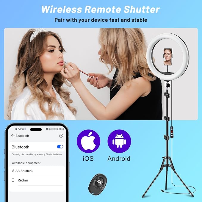 12'' Ring Light with Stand 75'' Tall & Phone Holder, 100+ Color Modes Selfie Light with Tripod Stand, Big LED Circle Lights for iPhone/Android/Camera/YouTube/Makeup/Live Stream/TikTok/Video