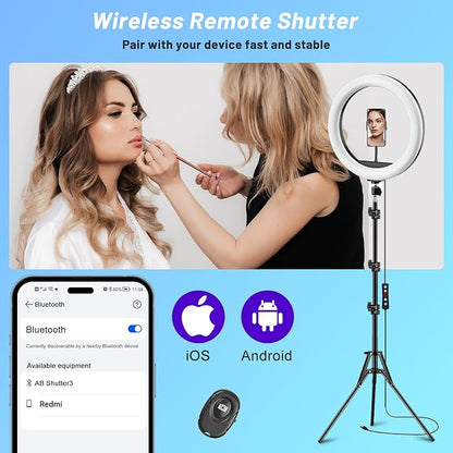 12'' Ring Light with Stand 75'' Tall & Phone Holder, 100+ Color Modes Selfie Light with Tripod Stand, Big LED Circle Lights for iPhone/Android/Camera/YouTube/Makeup/Live Stream/TikTok/Video