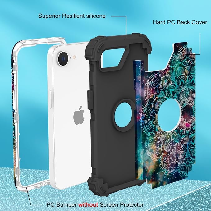 Hocase for iPhone 17e/iPhone 16e Case, Heavy Duty Shockproof Protection Hard Plastic+Silicone Rubber Hybrid Protective Phone Case for iPhone 17e/16e 6.1" - Mandala in Galaxy