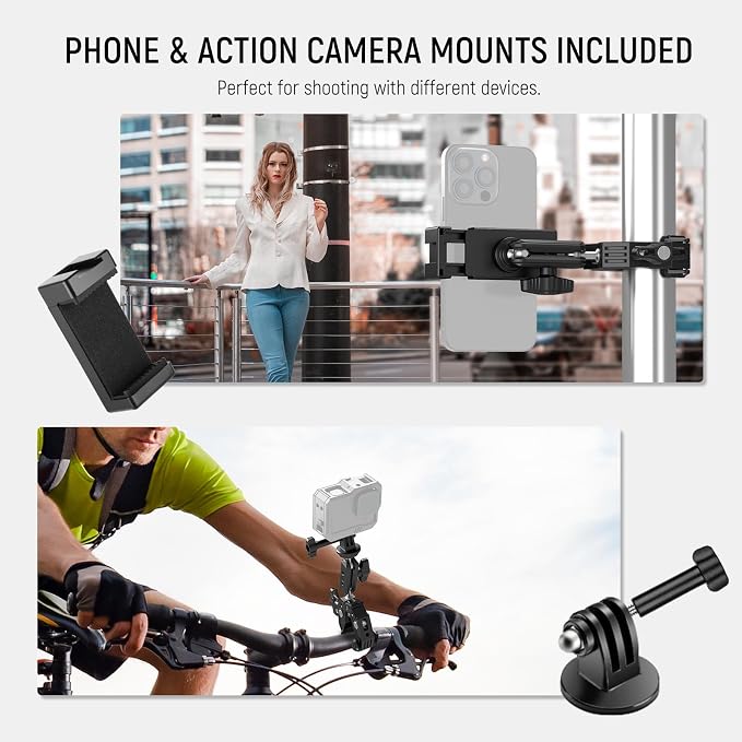 NEEWER Super Clamp Magic Arm Camera Mount with Phone Holder Action Cam Adapter Ball Heads 1/4" Threads Cold Shoe Cleaning Cloth Compatible with SmallRig GoPro for Desk Tripod Crossbar Gimbal Rod, ST83