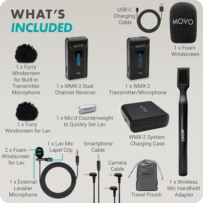 Movo WMX-2 Wireless Lavalier Microphone Lapel Mic with Charging Case and WMX-HM Handheld Adapter - Lav Mic, Lapel Microphone 2.4GHz for Camera, Vlogging, DSLR, and Content Creators