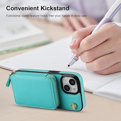 Bocasal Crossbody Wallet Case for iPhone 15, RFID Blocking Leather Purse Case with Card Holder, Protective Handbag Flip Cover with Zipper Wrist Strap Lanyard for Women 5G 6.1 Inch (Mint Green)