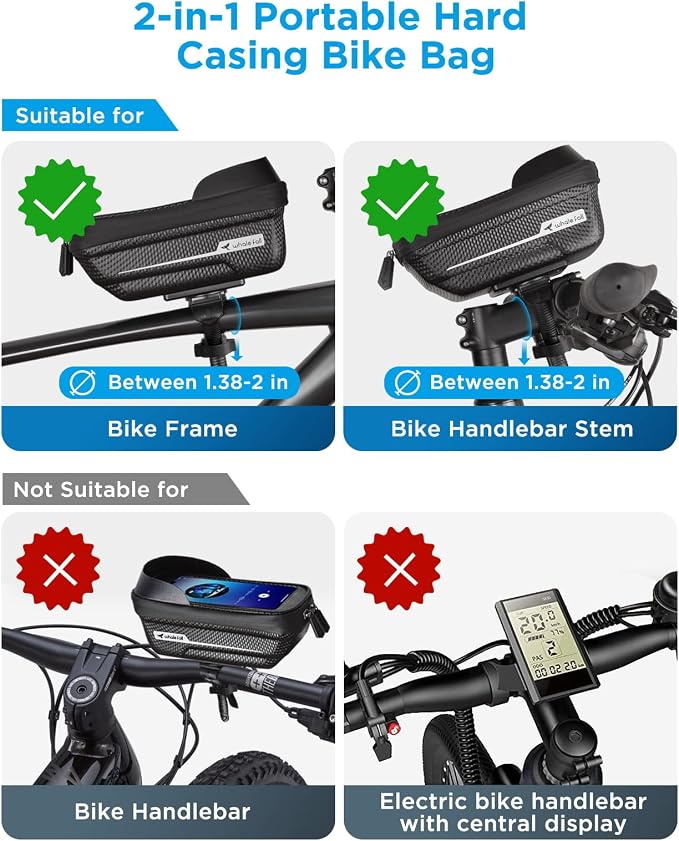 whale fall Waterproof Bike Frame Bag - [Quick Release] [Hard Shell] 2 in 1 Bike Phone Holder Mount, Bicycle Top Tube Bag with Sensitive Touchscreen, Bike Accessories for Phones Under 7"