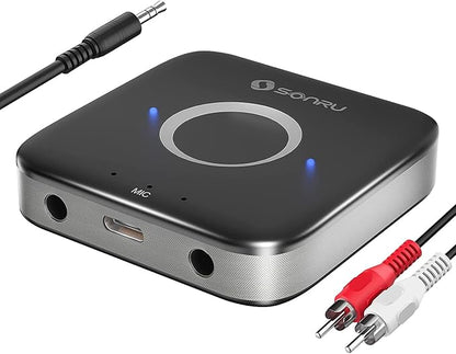 SONRU Bluetooth 5.3 Adapter Hi-Fi Equipment for Car Wireless Audio Receiver with 3.5mm AUX RCA Cable, Noise Cancellation, Dual AUX Outputs for Home Speakers Wired Headphones