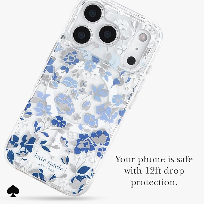 kate spade new york iPhone 17 Pro Case - Compatible with MagSafe - Designer Phone Case - Flowerbed Blue Gems