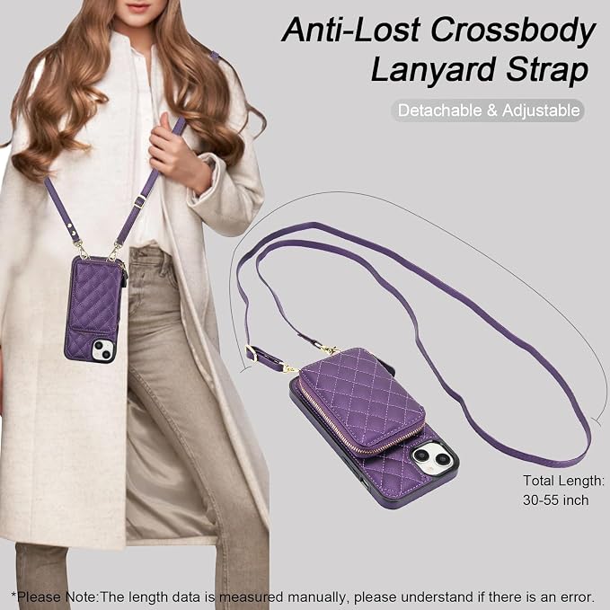 Bocasal Crossbody Wallet Case for iPhone 14 Plus, RFID Blocking PU Leather Zipper Handbag Purse Flip Cover, Kickstand Folio Case with Card Slots Holder Wrist Strap Lanyard 5G 6.7 Inch (Dark Purple)