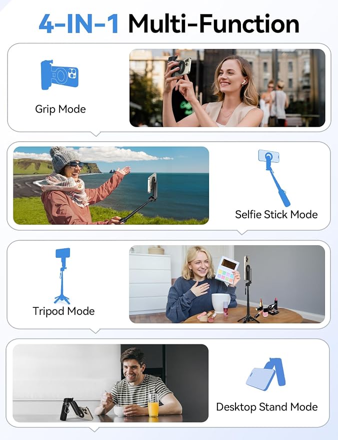 Takerers for Magsafe Tripod for iPhone【Pocket Size】 4-in-1 Portable Magnetic Selfie Stick for iPhone Stand for Video Recording Travel Magnetic Phone Tripod with Remote 【Upgraded 4 Legs】