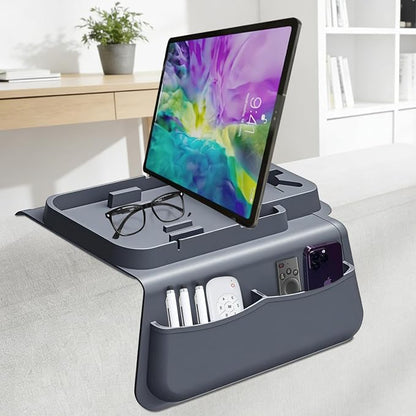 Silicone Couch Cup Holder for Tablet & Phone Stand, Sofa Arm Tray Organizer with Dual Side Pockets for Remotes Snacks Headphones & Glasses Drinks Anti-Slip & Heat Resistant Sofa Caddy (Gray)