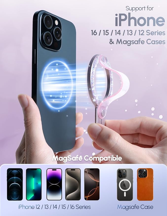 for MagSafe Phone Grip for iPhone - Glitter Magnetic Phone Ring Holder for Women Girs - Comfortable Stylish Finger Phone Loop Grip for iPhone 17/16/15/14/13/12,Glitter Pink