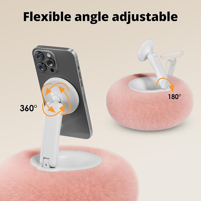 Magnetic Phone Pillow Stand, Phone Holder for Bed,Lap,Desk, Cozy Pillow Stand with Snack Bowl and 2 Magnetic Rings, Compatible with 3.5-7" iPhone,E-Reader, Kindle, Pink