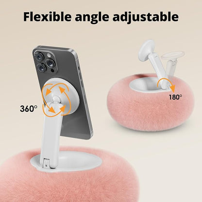 Magnetic Phone Pillow Stand, Phone Holder for Bed,Lap,Desk, Cozy Pillow Stand with Snack Bowl and 2 Magnetic Rings, Compatible with 3.5-7" iPhone,E-Reader, Kindle, Pink