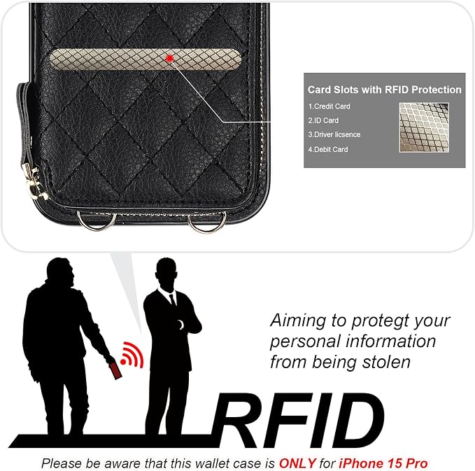 Bocasal Crossbody Wallet Case for iPhone 15 Pro, RFID Blocking PU Leather Zipper Handbag Purse Flip Cover, Kickstand Folio Case with Card Slots Holder Wrist Strap Lanyard 5G 6.1 Inch (Black)