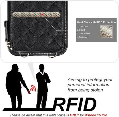 Bocasal Crossbody Wallet Case for iPhone 15 Pro, RFID Blocking PU Leather Zipper Handbag Purse Flip Cover, Kickstand Folio Case with Card Slots Holder Wrist Strap Lanyard 5G 6.1 Inch (Black)
