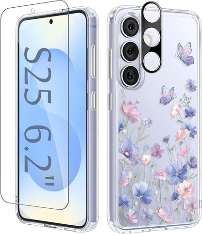 GVIEWIN for Samsung Galaxy S25 Case, Clear Floral Slim Shockproof Protective Women Phone Case, Non-Yellowing, with Screen Protector & Camera Lens Protector for Galaxy S25 6.2", Bloomwing/Blue