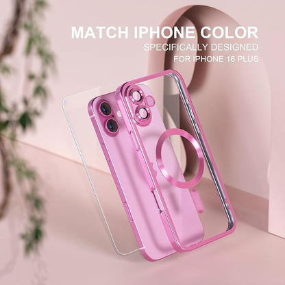 Misea Magnetic for iPhone 16 Plus Case Compatible with MagSafe [Never Yellowing] [Military Grade Drop Protection] Full Camera Lens Protector Plating Soft Clear Phone Case for Women 6.7 inch, Hot Pink