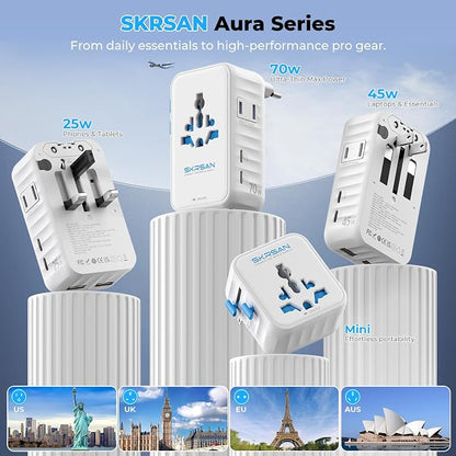 Aura Ultra-Thin International Travel Adapter PD 25W, Minimalist 36mm Slim 6-Port Charger with Smart Temperature Control, Universal Power Plug for Home & Trip, 200+ Countries (Arctic White)