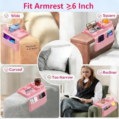 Silicone Couch Cup Holder for Tablet & Phone Stand, Sofa Arm Tray Organizer with Dual Side Pockets for Remotes Snacks Headphones & Glasses Drinks Anti-Slip & Heat Resistant Sofa Caddy (Pink)