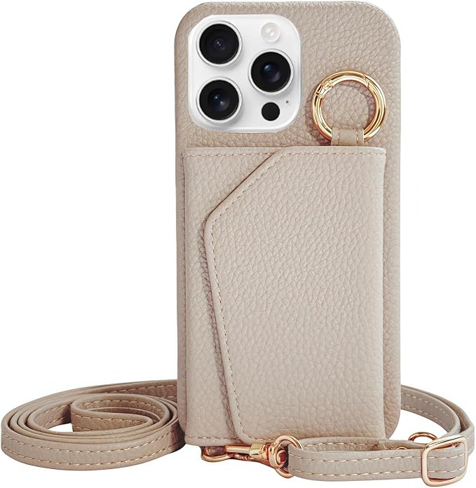 Leather Card Holder Case for iPhone 16 Pro with Ring Holder and Crossbody Strap, Beige