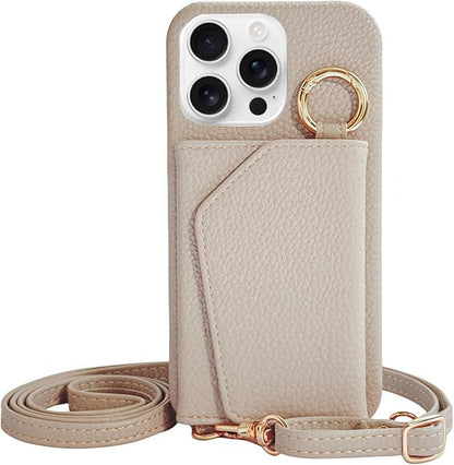 Leather Card Holder Case for iPhone 16 Pro with Ring Holder and Crossbody Strap, Beige
