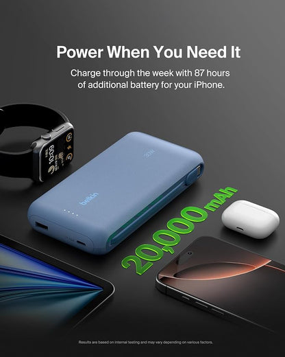 Belkin Power Bank with Integrated Cable, Fast Charging USB-C, 20000 mAh 30W, Portable Charger Power Bank USB C for iPhone 17, Air, Pro, Pro Max, iPad, AirPods, Apple Watch, Galaxy S25, & More - Blue