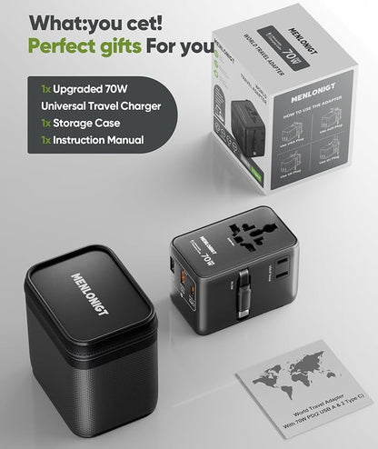 70W GaN Universal Travel Adapter with Retractable USB-C Cable, Fast Wall Charger for MacBook Pro/Air, Laptops, 6-in-1 International Plug for US/UK/EU/AU (Over 200 Countries)