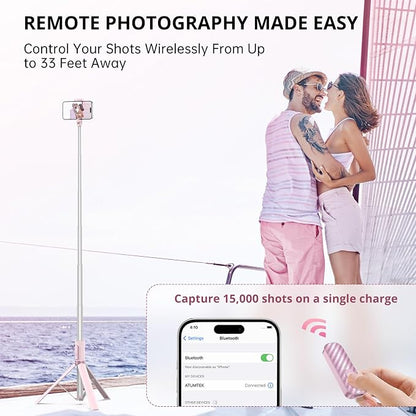 ATUMTEK 55" Selfie Stick Tripod, All-in-one Extendable Aluminum Phone Tripod with Rechargeable Bluetooth Remote for iPhone and More, Fitting 4.7-7 inch Smartphones, Pink