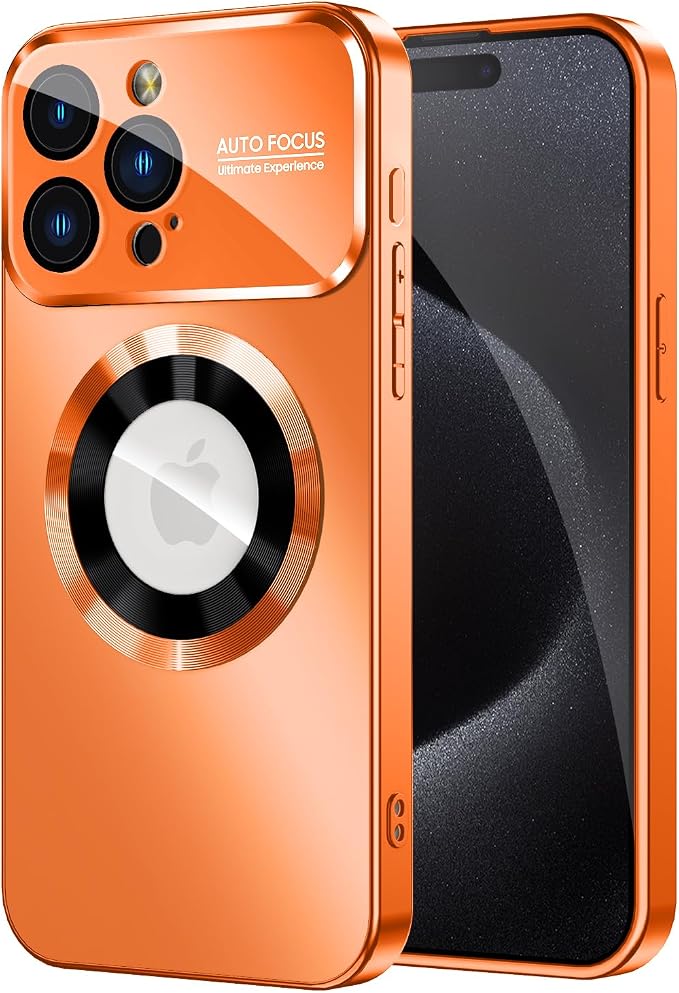 Magnetic for iPhone 15 Pro Max Case, Compatible with MagSafe, Built-in Camera Lens Protector, Logo View, Military Grade Drop Proof Phone Cover, Orange