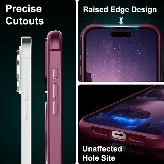 360° Magnetic Swivel Ring for iPhone 16 pro case, Built-in Metal Stand and Ring Holder, Magsafe Compatible, Military Grade Protection, Shock and Vibration Resistant - Wine Red