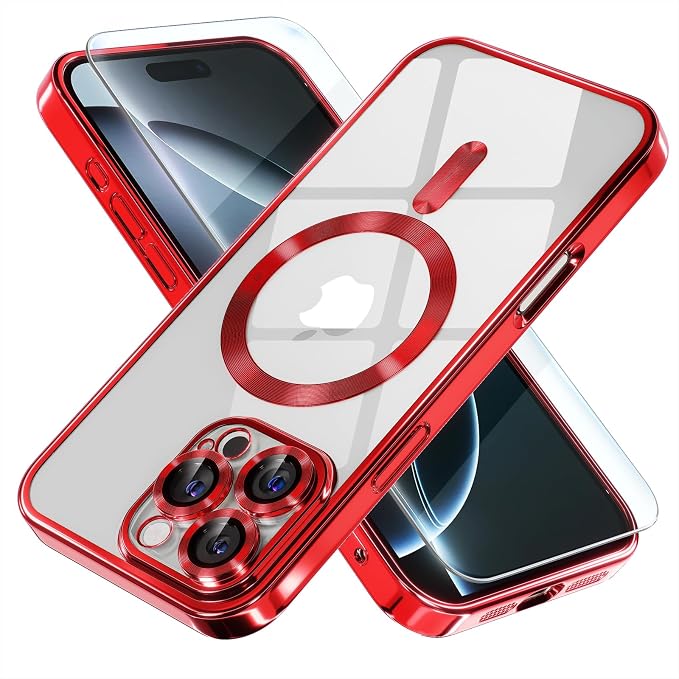 Misea Magnetic for iPhone 16 Pro Case Compatible with MagSafe [Never Yellowing] [Military Grade Drop Protection] Full Camera Lens Protector Plating Soft Clear Phone Case for Women 6.3", Red