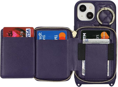 Crossbody Wallet Case for iPhone 14, PU Leather Zipper Handbag Purse Flip Cover, Kickstand Folio Case with Card Slots Holder Wrist Strap Lanyard 5G 6.1 Inch-Purple
