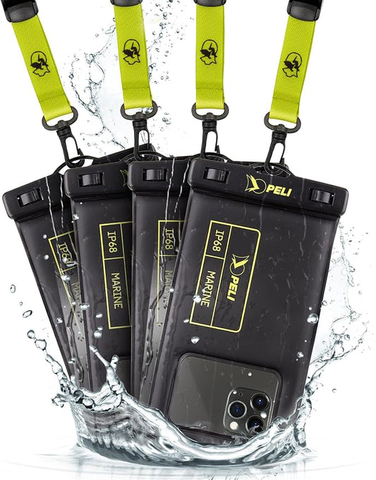 Peli 4 Pack Marine - IP68 Waterproof Phone Pouch (Regular Size)-Floating Waterproof Phone Case for iPhone 16 Pro Max/iPhone 15 Pro/14 Pro/13/12/S25 - Detachable Lanyard - Black/Hi-Vis Yellow
