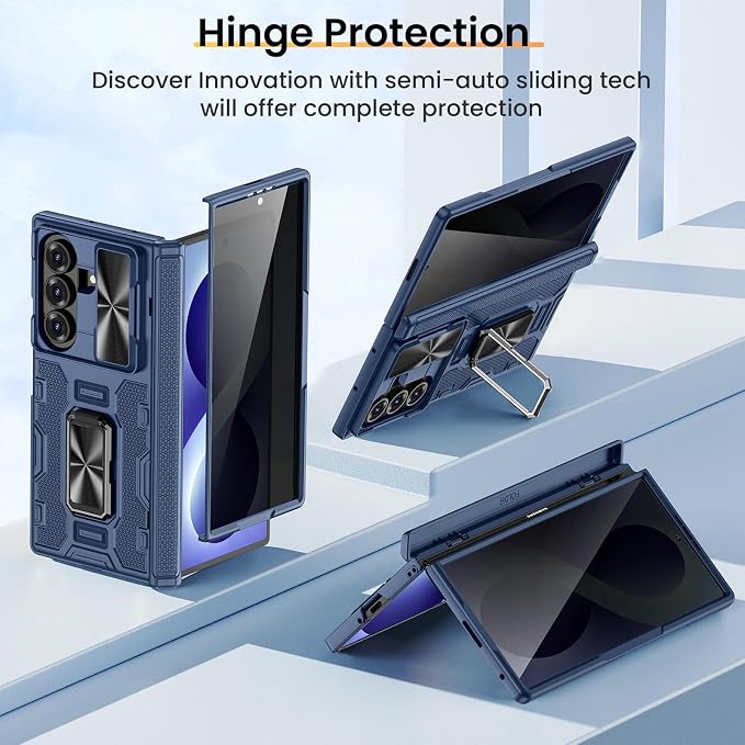 VEGO for Galaxy Z Fold 8 Ultra Case with Hinge & Privacy Screen Protector | Slide Camera Cover & Rotat Kickstand Military-Grade Drop Protection Shockproof Phone Case for Samsung Fold 8 Ultra 2026-Blue