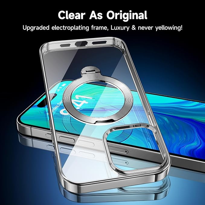 [Tri-Shield Protection] for iPhone 16 Pro Case with 360° Spin Stand Compatible with MagSafe [Magnetic CD Ring][Screen & Camera Lens Protector] Shockproof Plating Never-Yellowing, Natural Titanium-6.3"