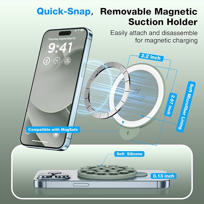Magnetic Suction Cup Phone Mount with MagSafe, Silicone Hands-Free Grip Holder for iPhone Case and Android, Mirror Shower Phone Stand for Makeup FaceTime Gym Kitchen Bathroom, Calke Green
