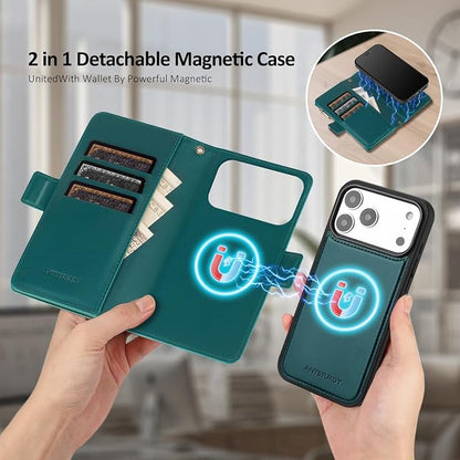 Antsturdy Compatible with Magsafe Magnetic 2 in 1 Detachable iPhone 17 Pro Wallet Case with Credit Card Holder Slots,PU Leather RFID Blocking Phone Cover Wrist Strap Zipper Women Men,Indigo Blue