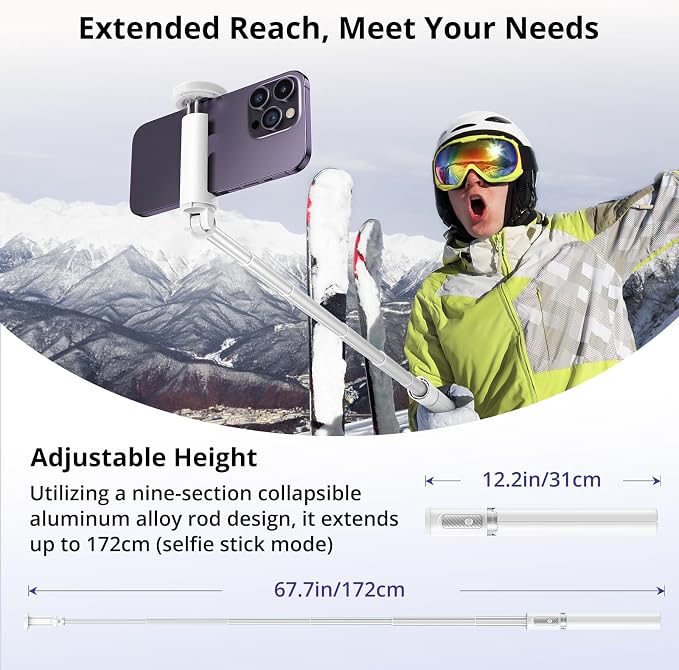 ATUMTEK 68.5" Selfie Stick Tripod, Extendable Aluminum Tripod with Rechargeable Bluetooth Remote, Compatible with iPhone and Android Smartphones, Perfect for Travel, Vlog, Video and Photo, White