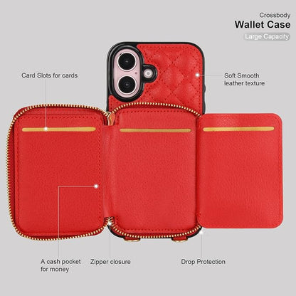 Bocasal Crossbody Wallet Case for iPhone 16, RFID Blocking PU Leather Zipper Handbag Purse Flip Cover, Kickstand Folio Case with Card Slots Holder Wrist Strap Lanyard 5G 6.1 Inch (Red)