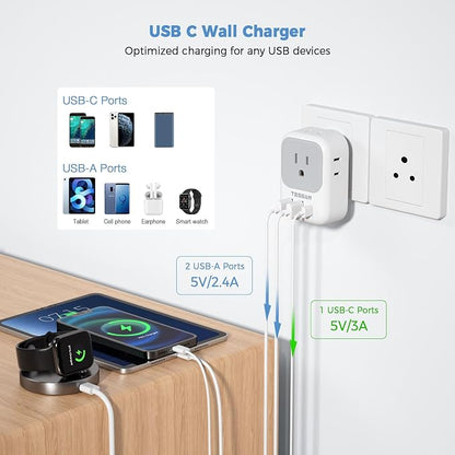 TESSAN India Plug Adapter 2 Pack, Type D Travel Adapter with 4 Outlets 3 USB Charger (1 USB C Port), US to Indian Outlet Adaptor for USA to Bangladesh, India, Kuwait, Maldives