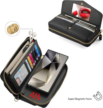 LITOU Compatible for Samsung Galaxy S26 Ultra Crossbody Phone Case,Detachable Magnetic,Card Holder,Zipper Leather Wallet Wrist Lanyard Strap Case for Women Men.Black