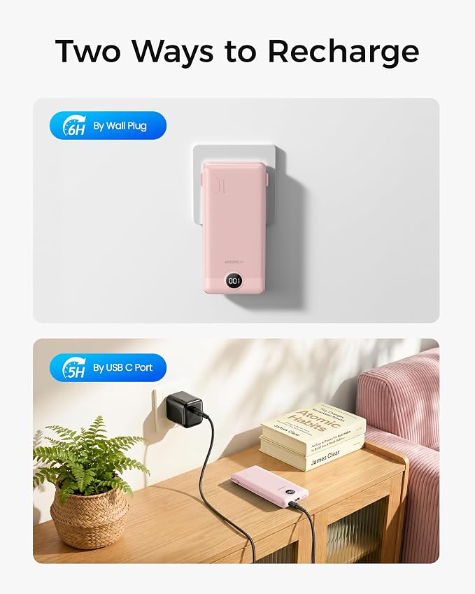 VEGER Portable Charger with Built-in AC Plug and Cables, All in One 10000mAh Ultra Slim Power Bank Travel Essentials, USB C External Battery Pack Compatible with iPhone, Samsung, More, Crepe