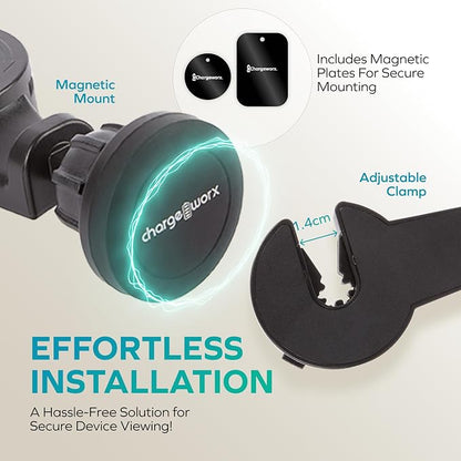 CHARGEWORX Magnetic Back-Seat Phone Mount – Universal Car Headrest Smartphone Holder with Strong Magnetic Grip, 360° Rotating Seat Mount for iPhone & Android