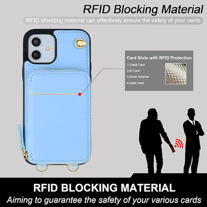 Bocasal Crossbody Wallet Case for iPhone 12/12 Pro, RFID Blocking Leather Purse Case with Card Holder, Protective Handbag Flip Cover with Zipper Wrist Strap Lanyard for Women 5G 6.1 Inch (Blue)