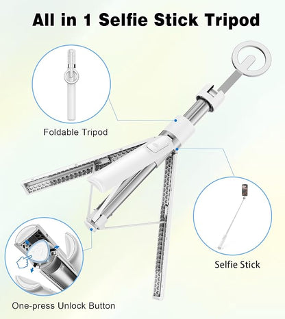 TONEOF 68" Magnetic Selfie Stick Tripod with Aluminum Strong Magnetic Holder for Magsafe, 360° Rotatable Travel Phone Tripod Stand with Metal Ring & Rechargeable Remote for iPhone/Android（White）