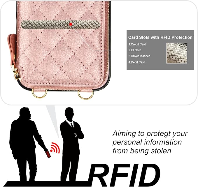 Bocasal Crossbody Wallet Case for iPhone 16 Pro Max, RFID Blocking PU Leather Zipper Handbag Purse Flip Cover, Kickstand Folio Case with Card Slots Holder Wrist Strap Lanyard 5G 6.9 Inch (Rose Gold)